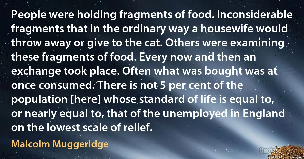 People were holding fragments of food. Inconsiderable fragments that in the ordinary way a housewife would throw away or give to the cat. Others were examining these fragments of food. Every now and then an exchange took place. Often what was bought was at once consumed. There is not 5 per cent of the population [here] whose standard of life is equal to, or nearly equal to, that of the unemployed in England on the lowest scale of relief. (Malcolm Muggeridge)