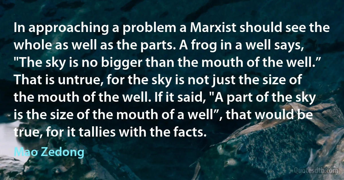 In approaching a problem a Marxist should see the whole as well as the parts. A frog in a well says, "The sky is no bigger than the mouth of the well.” That is untrue, for the sky is not just the size of the mouth of the well. If it said, "A part of the sky is the size of the mouth of a well”, that would be true, for it tallies with the facts. (Mao Zedong)