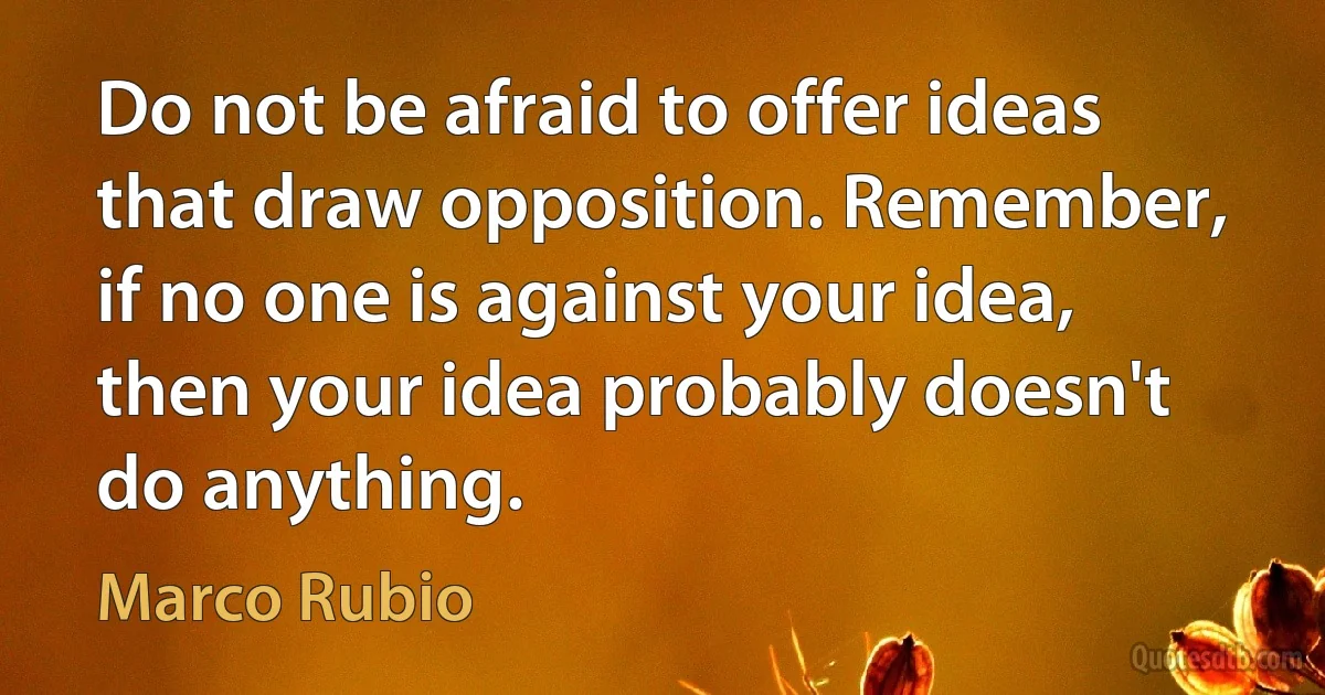 Do not be afraid to offer ideas that draw opposition. Remember, if no one is against your idea, then your idea probably doesn't do anything. (Marco Rubio)