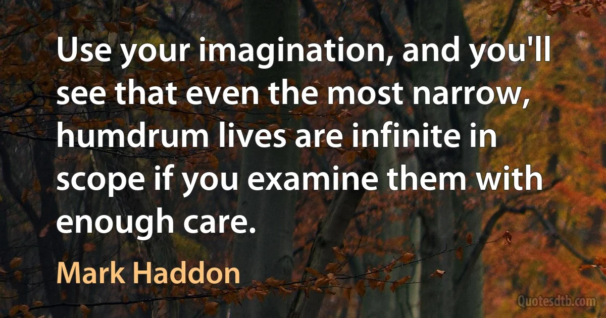 Use your imagination, and you'll see that even the most narrow, humdrum lives are infinite in scope if you examine them with enough care. (Mark Haddon)