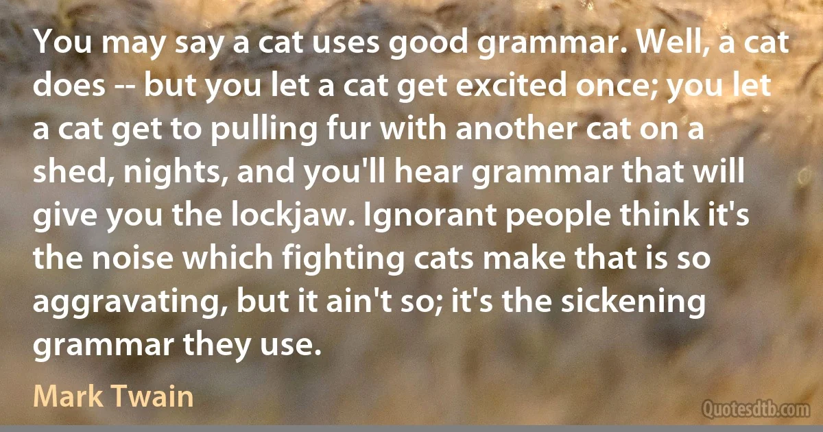 You may say a cat uses good grammar. Well, a cat does -- but you let a cat get excited once; you let a cat get to pulling fur with another cat on a shed, nights, and you'll hear grammar that will give you the lockjaw. Ignorant people think it's the noise which fighting cats make that is so aggravating, but it ain't so; it's the sickening grammar they use. (Mark Twain)