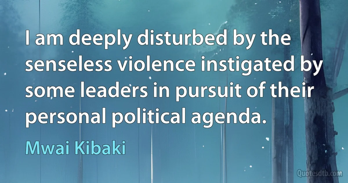 I am deeply disturbed by the senseless violence instigated by some leaders in pursuit of their personal political agenda. (Mwai Kibaki)