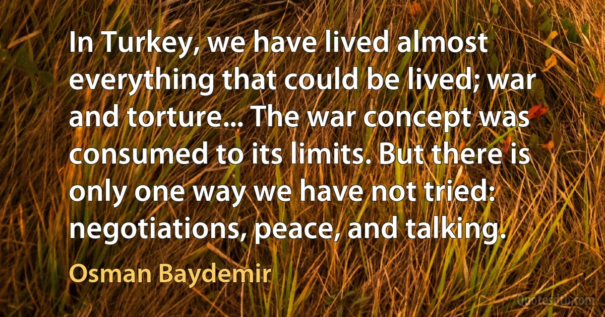 In Turkey, we have lived almost everything that could be lived; war and torture... The war concept was consumed to its limits. But there is only one way we have not tried: negotiations, peace, and talking. (Osman Baydemir)