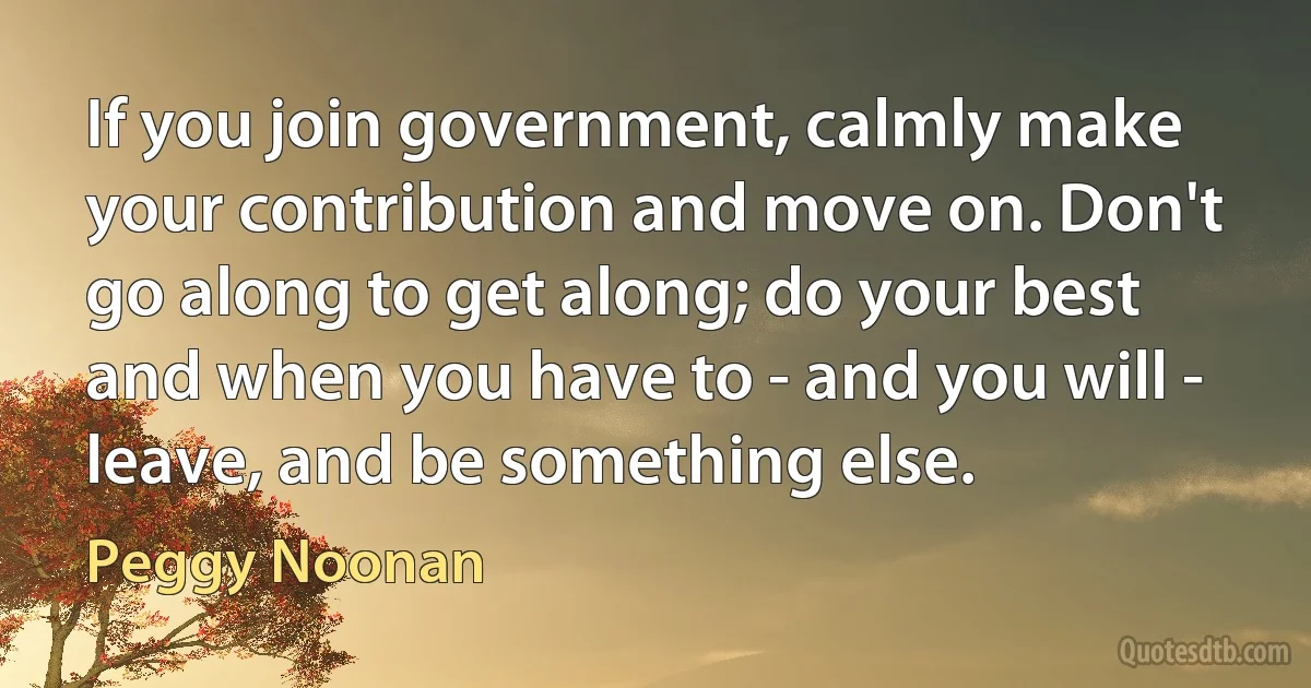 If you join government, calmly make your contribution and move on. Don't go along to get along; do your best and when you have to - and you will - leave, and be something else. (Peggy Noonan)