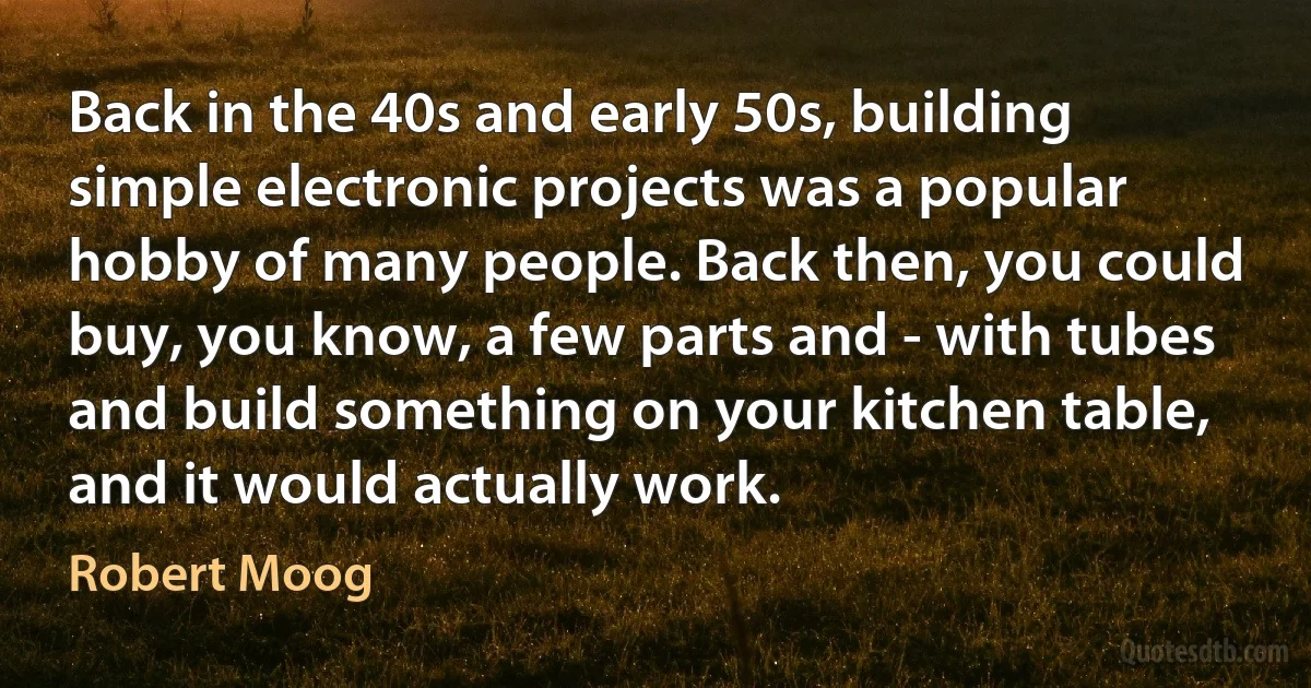 Back in the 40s and early 50s, building simple electronic projects was a popular hobby of many people. Back then, you could buy, you know, a few parts and - with tubes and build something on your kitchen table, and it would actually work. (Robert Moog)