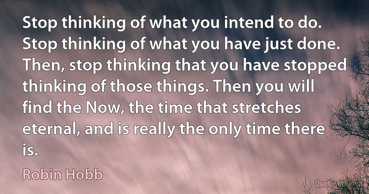 Stop thinking of what you intend to do. Stop thinking of what you have just done. Then, stop thinking that you have stopped thinking of those things. Then you will find the Now, the time that stretches eternal, and is really the only time there is. (Robin Hobb)