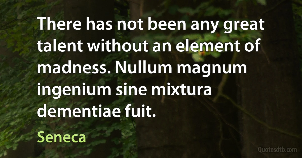 There has not been any great talent without an element of madness. Nullum magnum ingenium sine mixtura dementiae fuit. (Seneca)