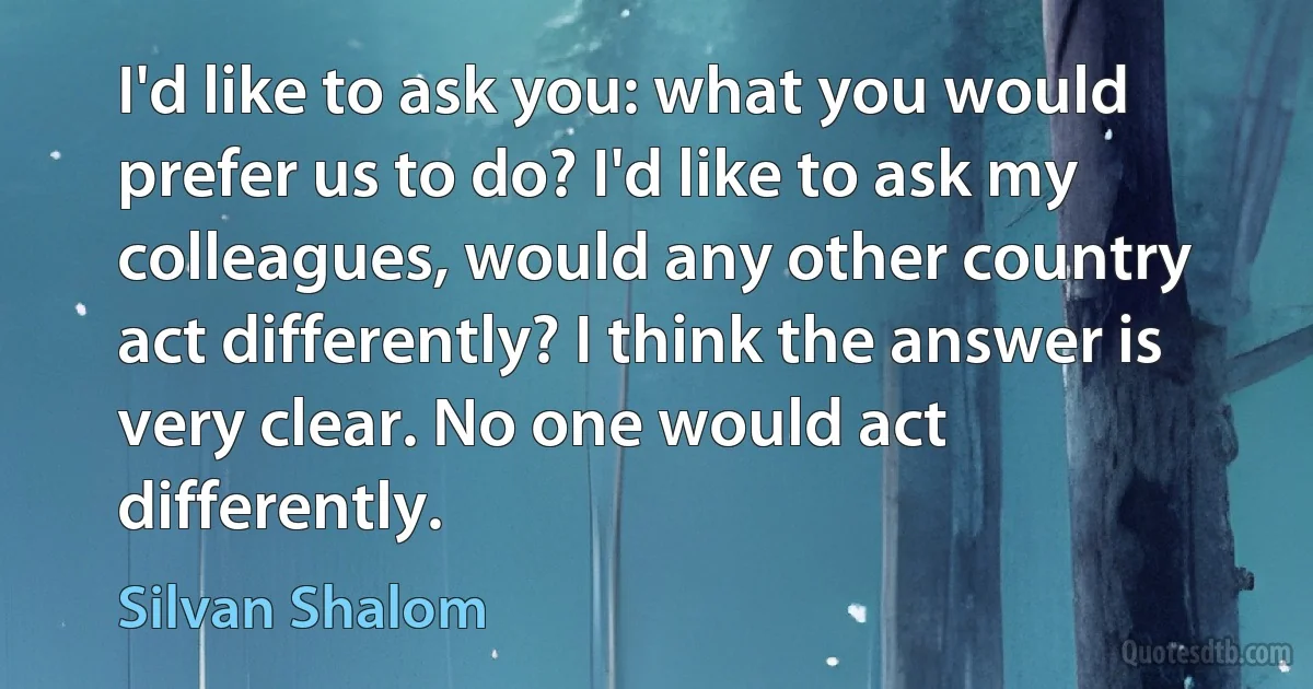 I'd like to ask you: what you would prefer us to do? I'd like to ask my colleagues, would any other country act differently? I think the answer is very clear. No one would act differently. (Silvan Shalom)