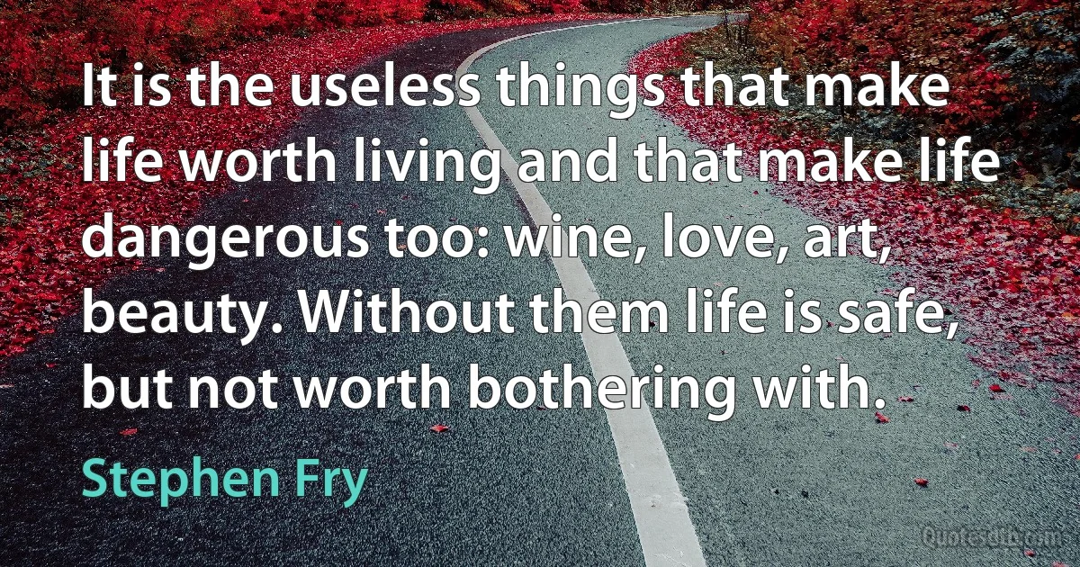 It is the useless things that make life worth living and that make life dangerous too: wine, love, art, beauty. Without them life is safe, but not worth bothering with. (Stephen Fry)