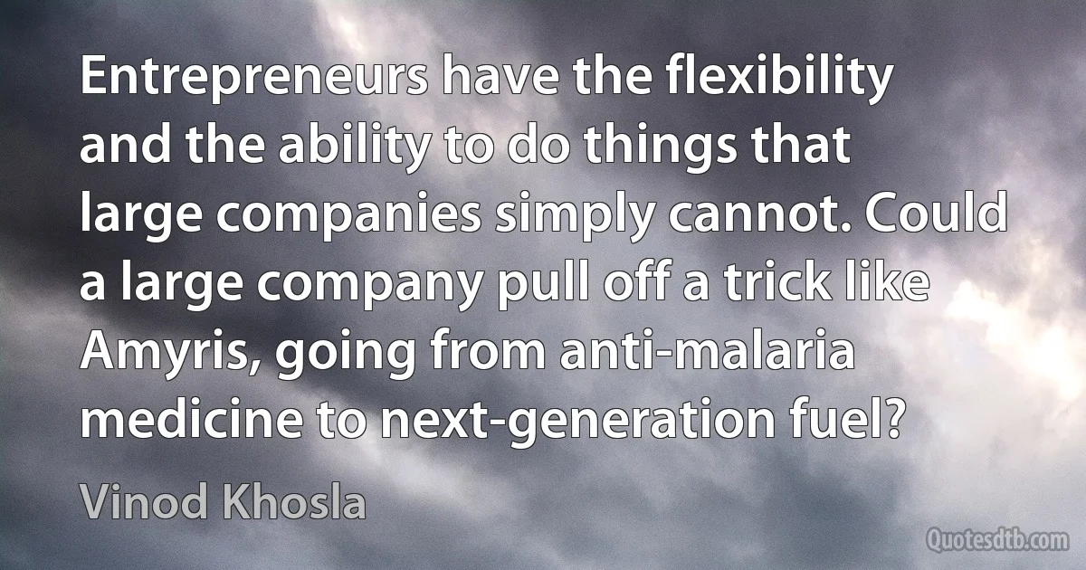 Entrepreneurs have the flexibility and the ability to do things that large companies simply cannot. Could a large company pull off a trick like Amyris, going from anti-malaria medicine to next-generation fuel? (Vinod Khosla)