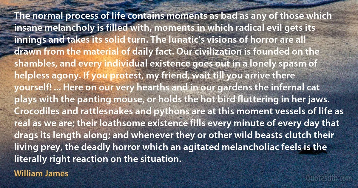 The normal process of life contains moments as bad as any of those which insane melancholy is filled with, moments in which radical evil gets its innings and takes its solid turn. The lunatic's visions of horror are all drawn from the material of daily fact. Our civilization is founded on the shambles, and every individual existence goes out in a lonely spasm of helpless agony. If you protest, my friend, wait till you arrive there yourself! ... Here on our very hearths and in our gardens the infernal cat plays with the panting mouse, or holds the hot bird fluttering in her jaws. Crocodiles and rattlesnakes and pythons are at this moment vessels of life as real as we are; their loathsome existence fills every minute of every day that drags its length along; and whenever they or other wild beasts clutch their living prey, the deadly horror which an agitated melancholiac feels is the literally right reaction on the situation. (William James)