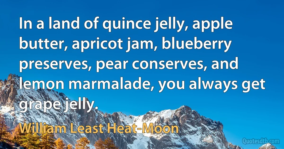 In a land of quince jelly, apple butter, apricot jam, blueberry preserves, pear conserves, and lemon marmalade, you always get grape jelly. (William Least Heat-Moon)