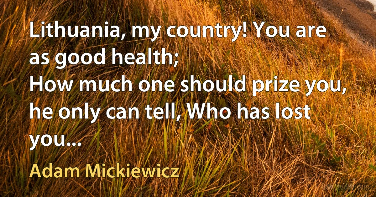 Lithuania, my country! You are as good health;
How much one should prize you, he only can tell, Who has lost you... (Adam Mickiewicz)