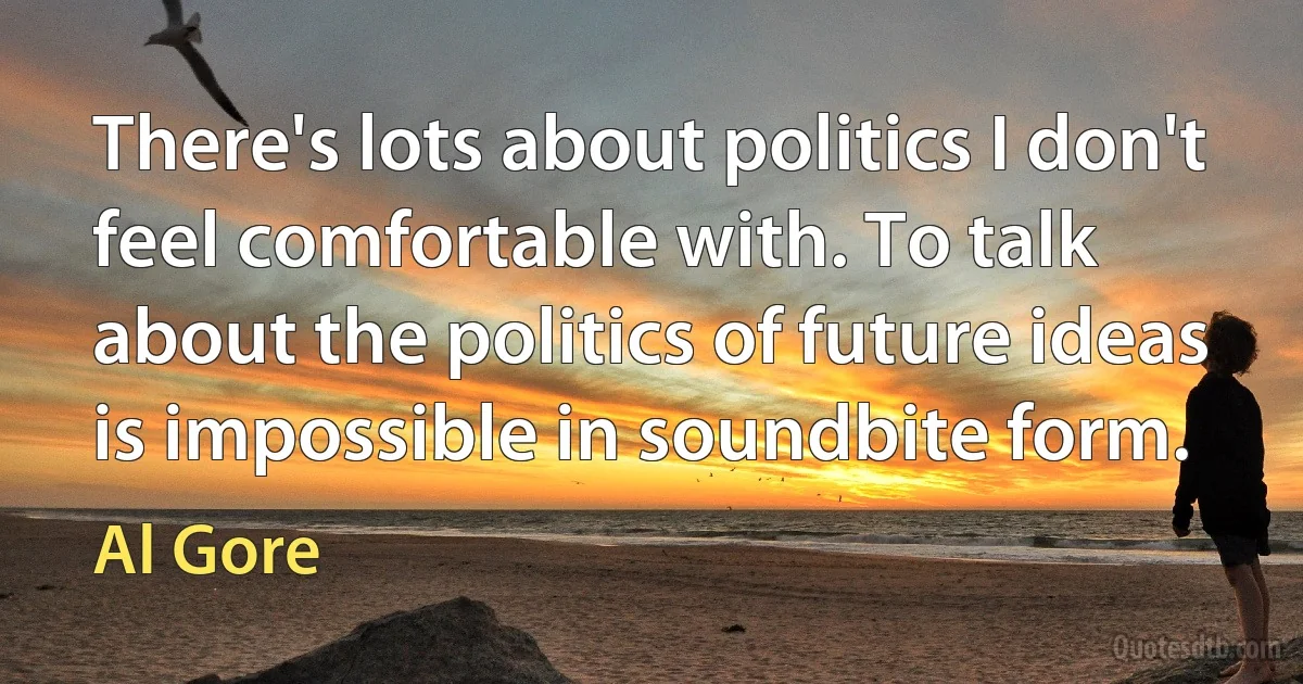 There's lots about politics I don't feel comfortable with. To talk about the politics of future ideas is impossible in soundbite form. (Al Gore)