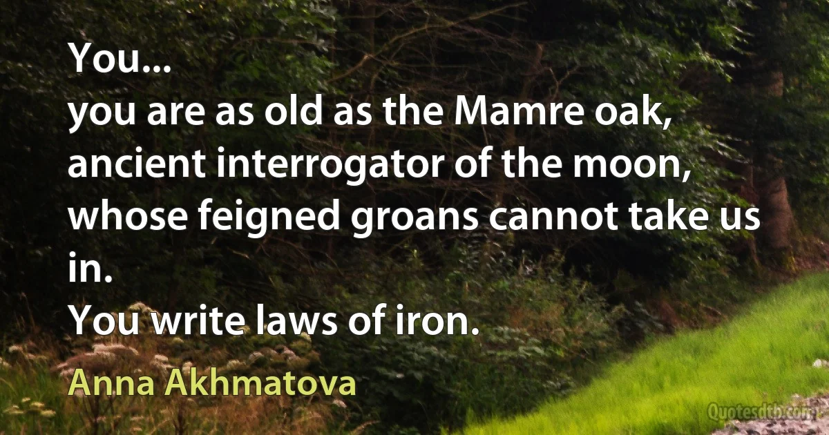 You...
you are as old as the Mamre oak,
ancient interrogator of the moon,
whose feigned groans cannot take us in.
You write laws of iron. (Anna Akhmatova)