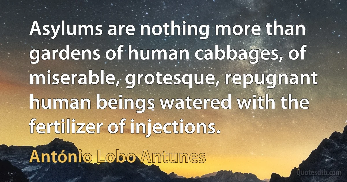 Asylums are nothing more than gardens of human cabbages, of miserable, grotesque, repugnant human beings watered with the fertilizer of injections. (António Lobo Antunes)