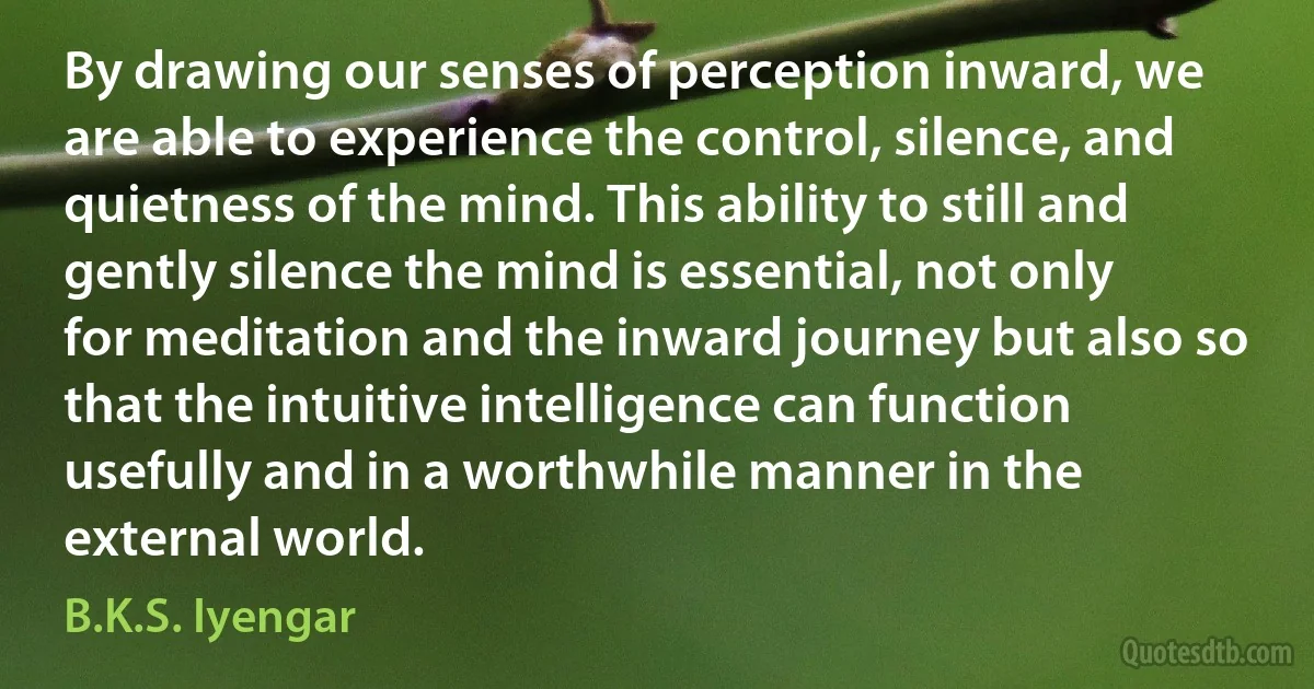 By drawing our senses of perception inward, we are able to experience the control, silence, and quietness of the mind. This ability to still and gently silence the mind is essential, not only for meditation and the inward journey but also so that the intuitive intelligence can function usefully and in a worthwhile manner in the external world. (B.K.S. Iyengar)