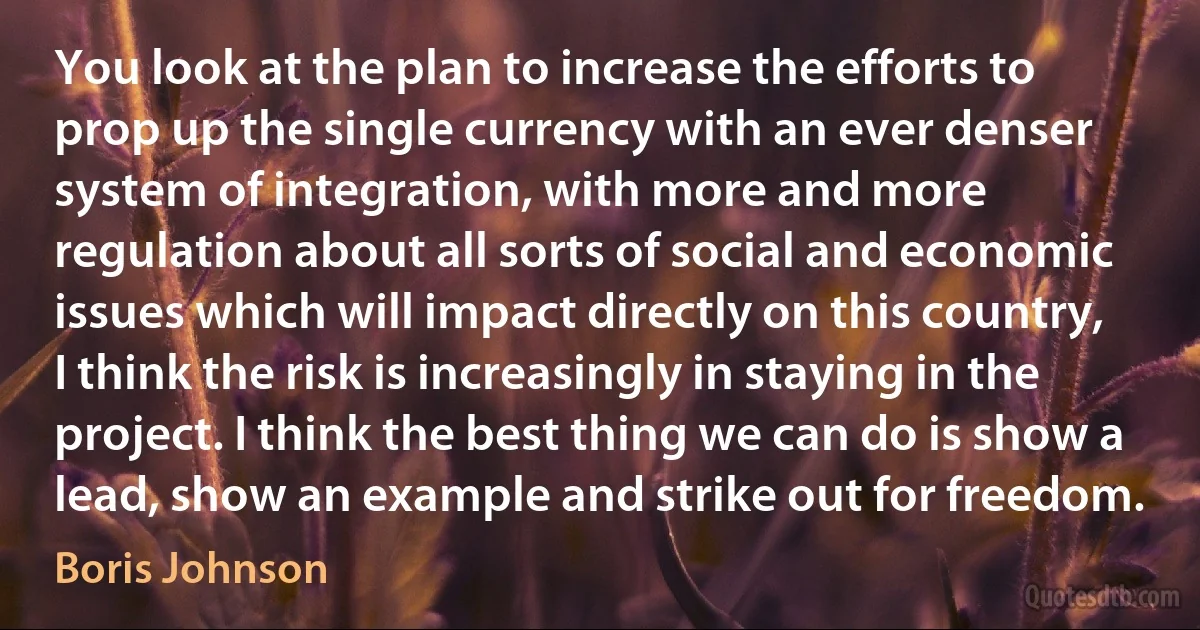 You look at the plan to increase the efforts to prop up the single currency with an ever denser system of integration, with more and more regulation about all sorts of social and economic issues which will impact directly on this country, I think the risk is increasingly in staying in the project. I think the best thing we can do is show a lead, show an example and strike out for freedom. (Boris Johnson)