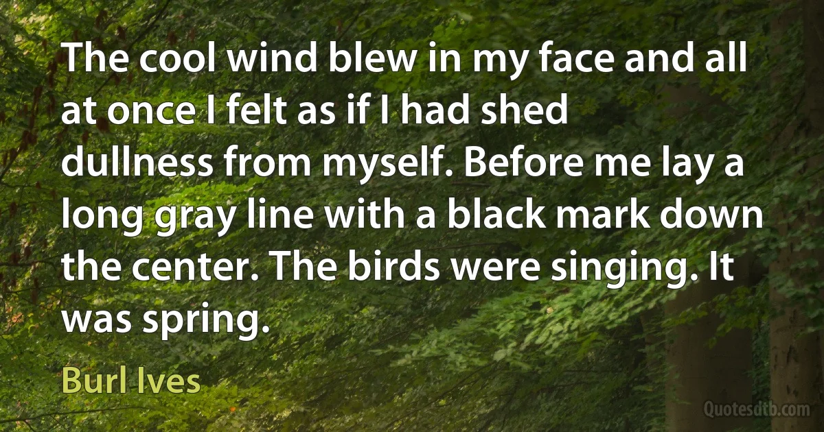 The cool wind blew in my face and all at once I felt as if I had shed dullness from myself. Before me lay a long gray line with a black mark down the center. The birds were singing. It was spring. (Burl Ives)