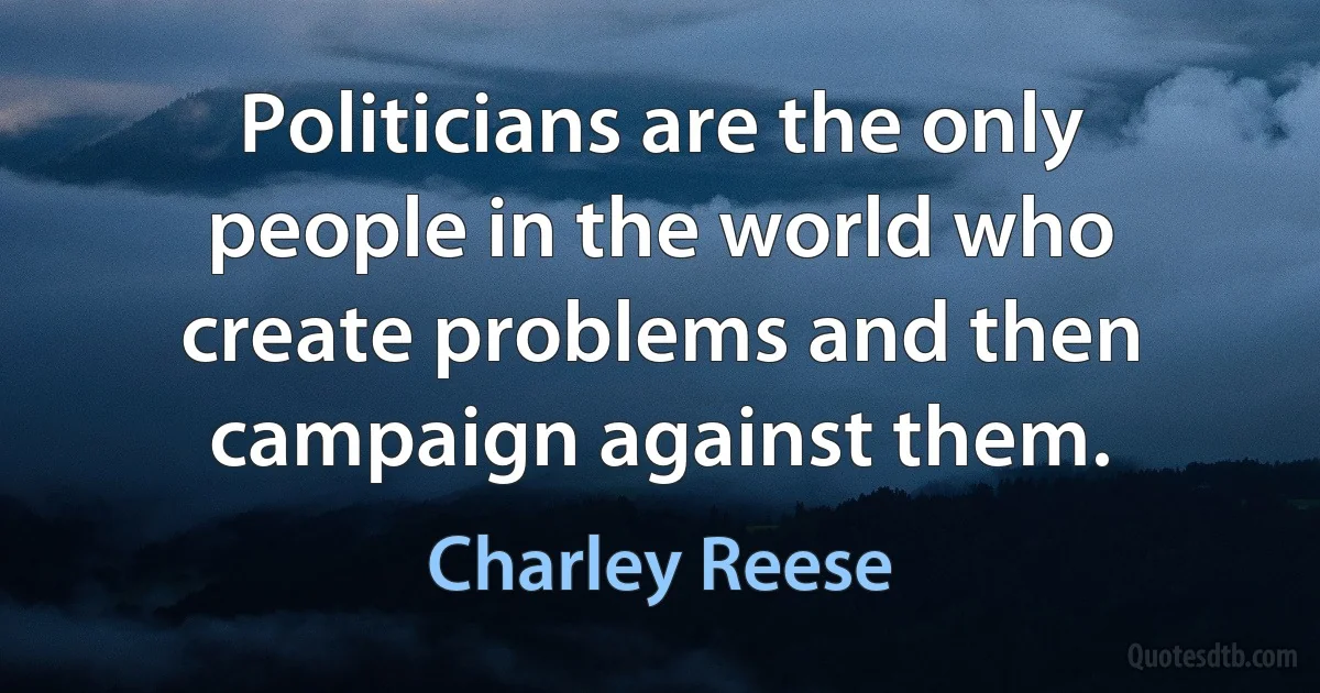 Politicians are the only people in the world who create problems and then campaign against them. (Charley Reese)