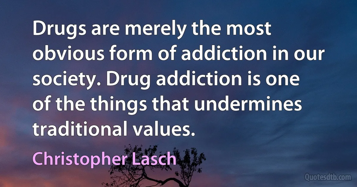 Drugs are merely the most obvious form of addiction in our society. Drug addiction is one of the things that undermines traditional values. (Christopher Lasch)