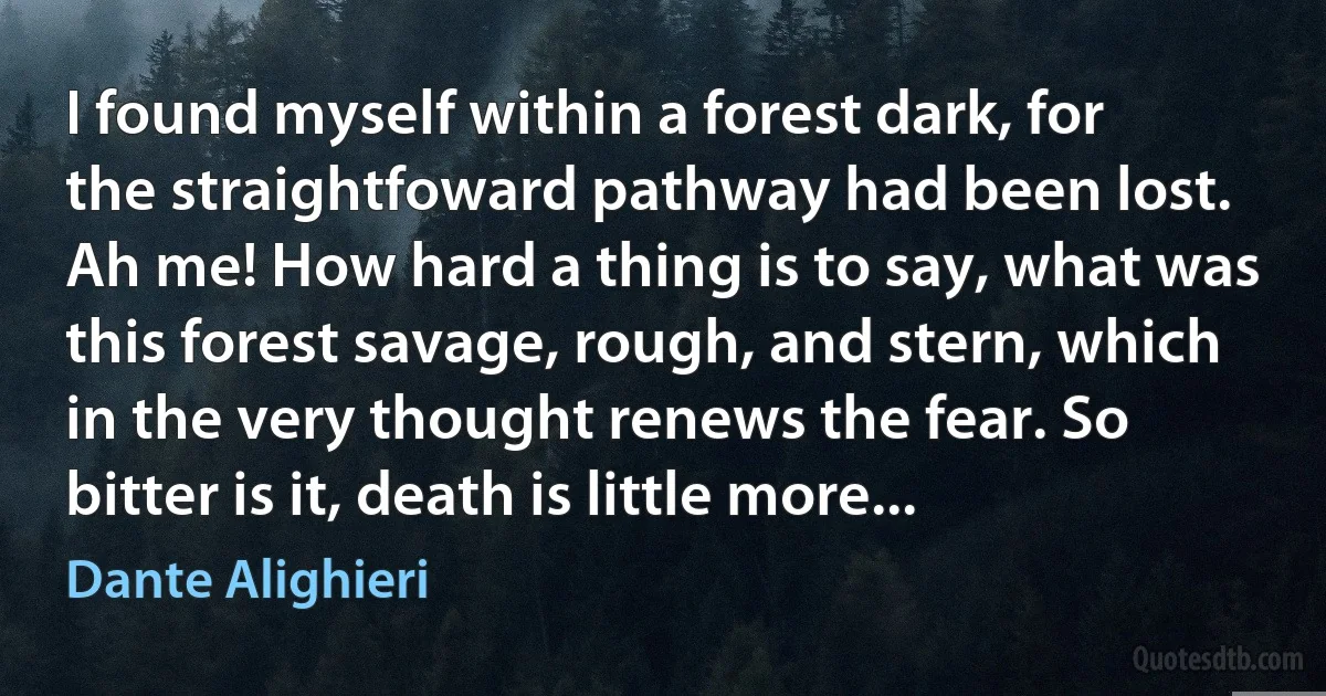 I found myself within a forest dark, for the straightfoward pathway had been lost. Ah me! How hard a thing is to say, what was this forest savage, rough, and stern, which in the very thought renews the fear. So bitter is it, death is little more... (Dante Alighieri)