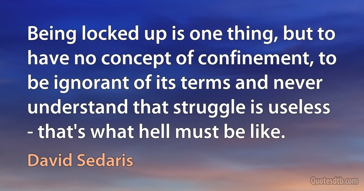 Being locked up is one thing, but to have no concept of confinement, to be ignorant of its terms and never understand that struggle is useless - that's what hell must be like. (David Sedaris)