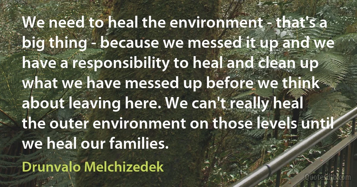 We need to heal the environment - that's a big thing - because we messed it up and we have a responsibility to heal and clean up what we have messed up before we think about leaving here. We can't really heal the outer environment on those levels until we heal our families. (Drunvalo Melchizedek)