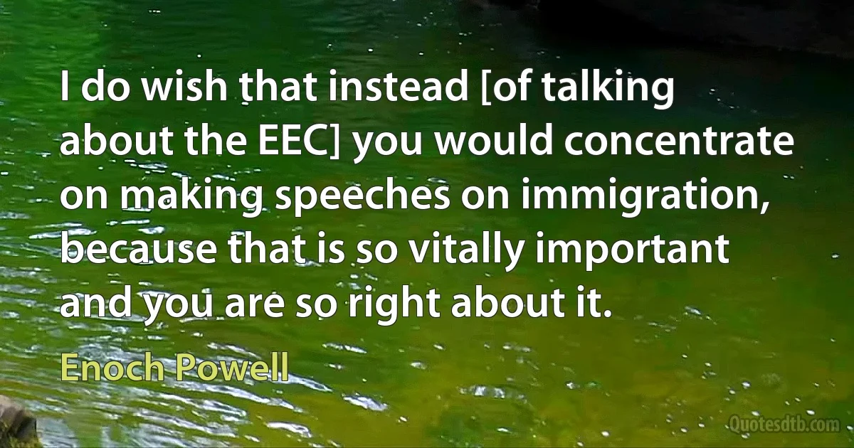 I do wish that instead [of talking about the EEC] you would concentrate on making speeches on immigration, because that is so vitally important and you are so right about it. (Enoch Powell)