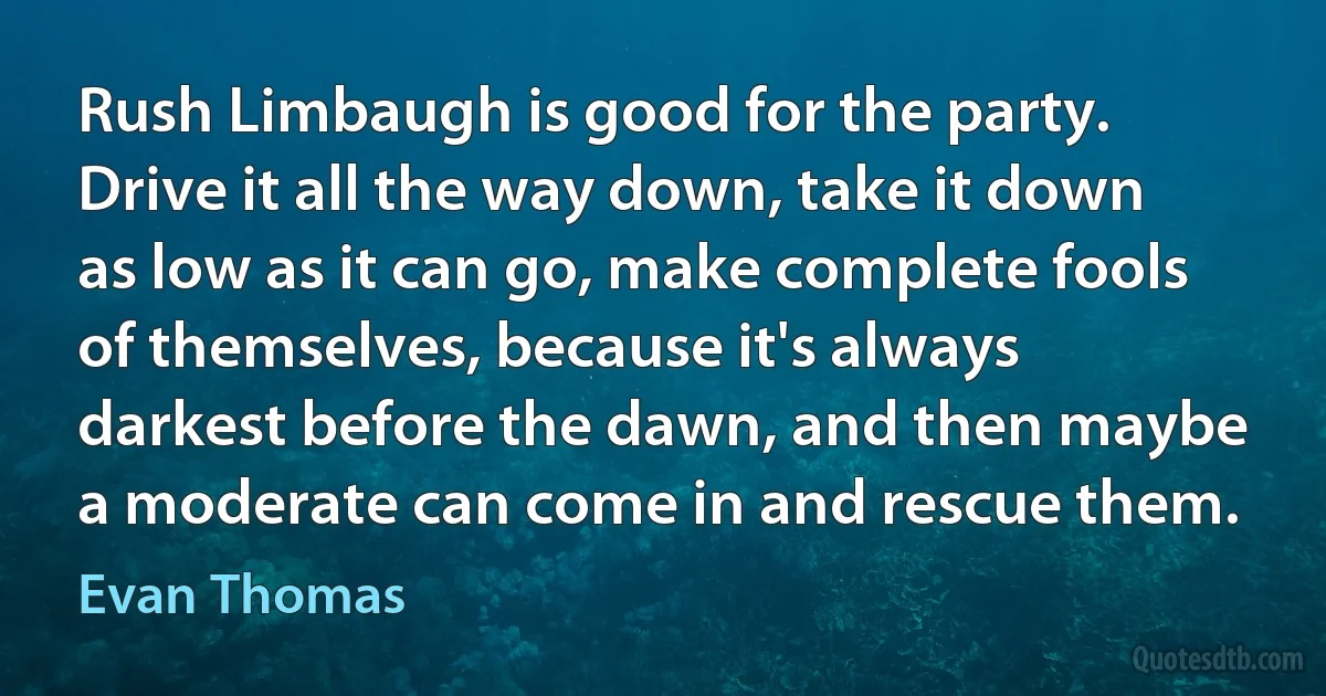 Rush Limbaugh is good for the party. Drive it all the way down, take it down as low as it can go, make complete fools of themselves, because it's always darkest before the dawn, and then maybe a moderate can come in and rescue them. (Evan Thomas)