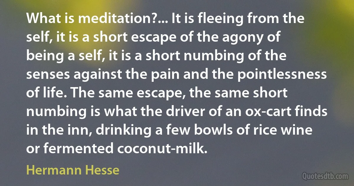 What is meditation?... It is fleeing from the self, it is a short escape of the agony of being a self, it is a short numbing of the senses against the pain and the pointlessness of life. The same escape, the same short numbing is what the driver of an ox-cart finds in the inn, drinking a few bowls of rice wine or fermented coconut-milk. (Hermann Hesse)