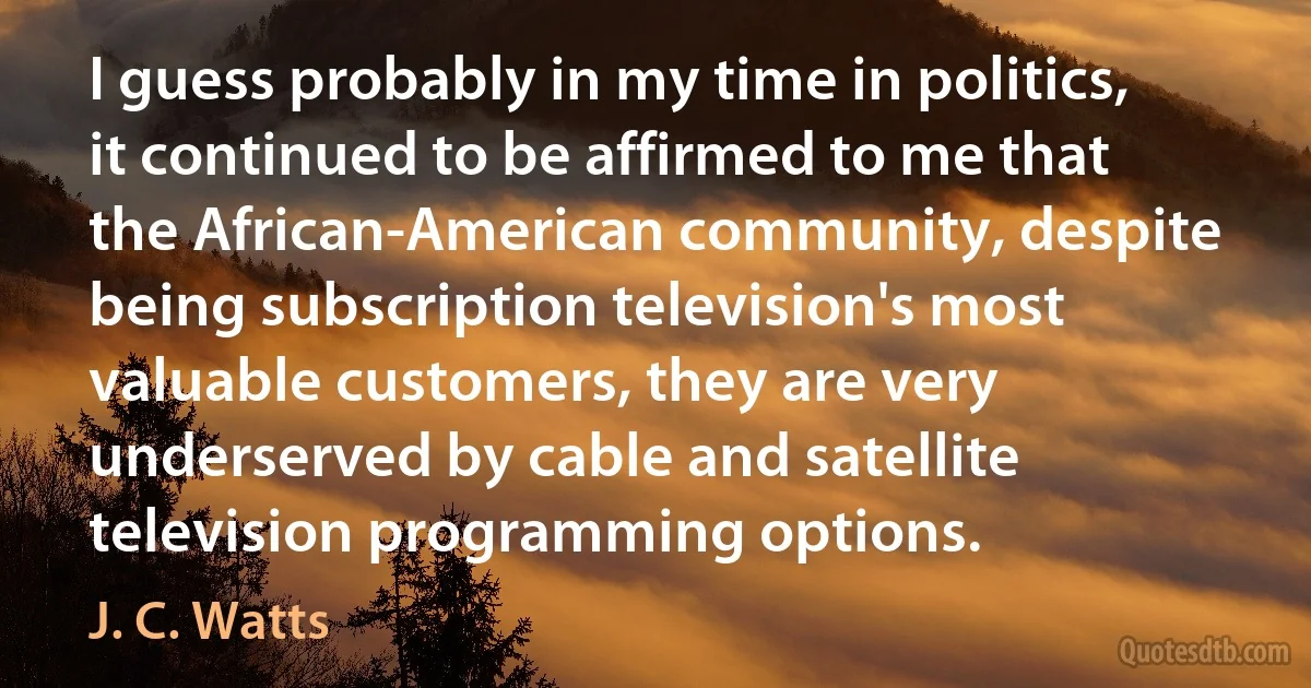 I guess probably in my time in politics, it continued to be affirmed to me that the African-American community, despite being subscription television's most valuable customers, they are very underserved by cable and satellite television programming options. (J. C. Watts)