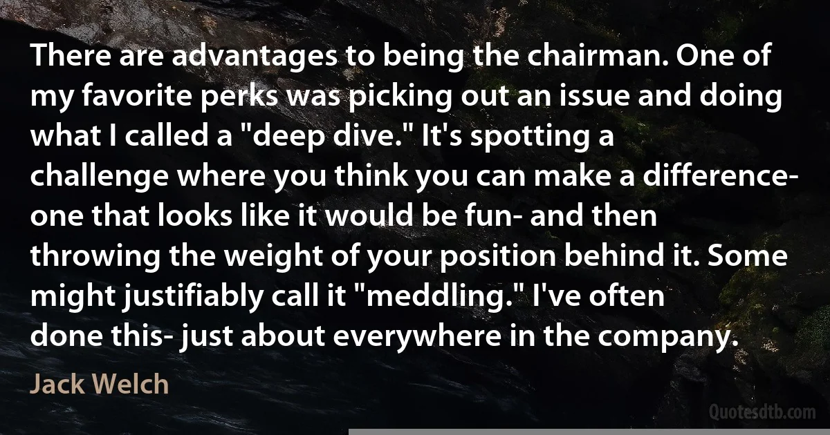 There are advantages to being the chairman. One of my favorite perks was picking out an issue and doing what I called a "deep dive." It's spotting a challenge where you think you can make a difference- one that looks like it would be fun- and then throwing the weight of your position behind it. Some might justifiably call it "meddling." I've often done this- just about everywhere in the company. (Jack Welch)