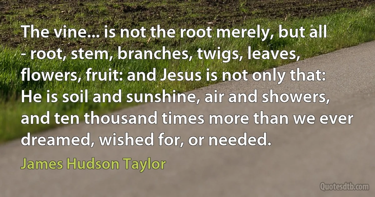 The vine... is not the root merely, but all - root, stem, branches, twigs, leaves, flowers, fruit: and Jesus is not only that: He is soil and sunshine, air and showers, and ten thousand times more than we ever dreamed, wished for, or needed. (James Hudson Taylor)