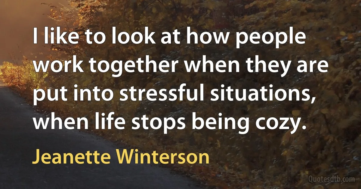 I like to look at how people work together when they are put into stressful situations, when life stops being cozy. (Jeanette Winterson)