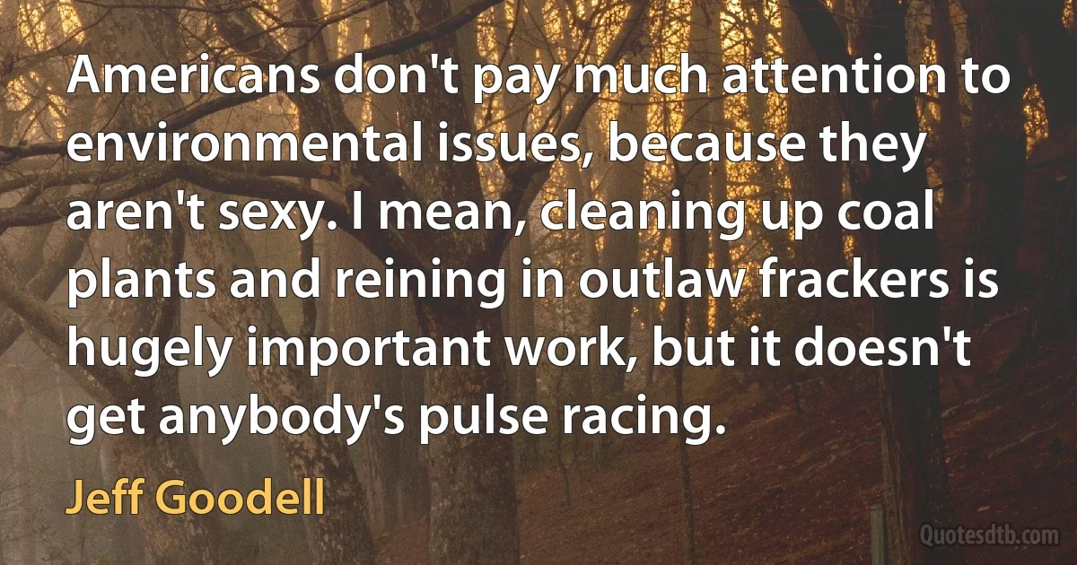 Americans don't pay much attention to environmental issues, because they aren't sexy. I mean, cleaning up coal plants and reining in outlaw frackers is hugely important work, but it doesn't get anybody's pulse racing. (Jeff Goodell)