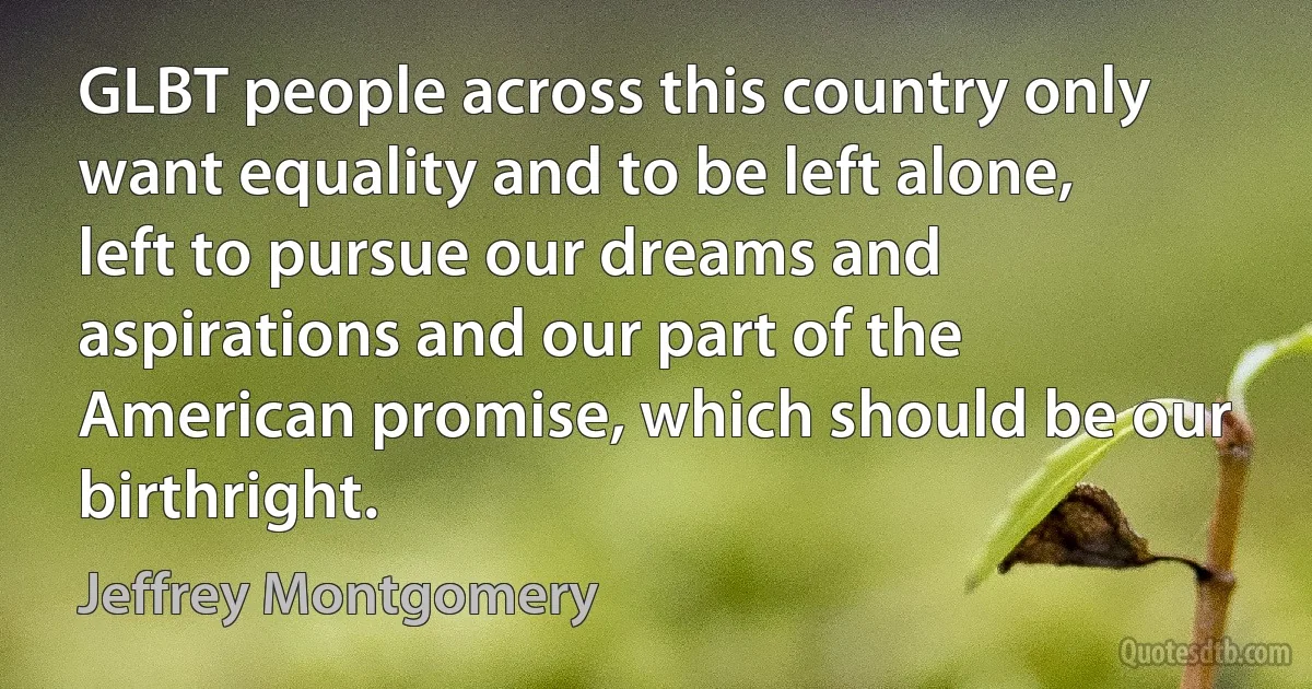 GLBT people across this country only want equality and to be left alone, left to pursue our dreams and aspirations and our part of the American promise, which should be our birthright. (Jeffrey Montgomery)