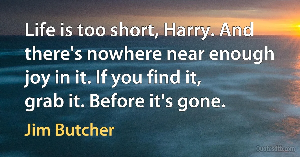 Life is too short, Harry. And there's nowhere near enough joy in it. If you find it, grab it. Before it's gone. (Jim Butcher)