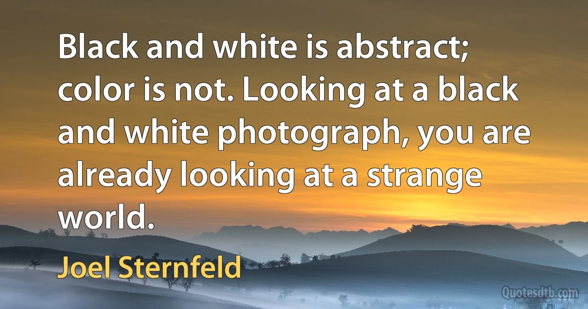 Black and white is abstract; color is not. Looking at a black and white photograph, you are already looking at a strange world. (Joel Sternfeld)