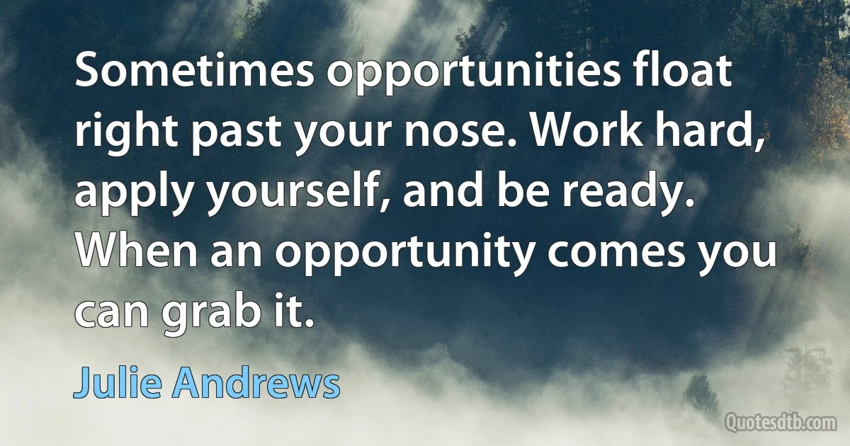 Sometimes opportunities float right past your nose. Work hard, apply yourself, and be ready. When an opportunity comes you can grab it. (Julie Andrews)