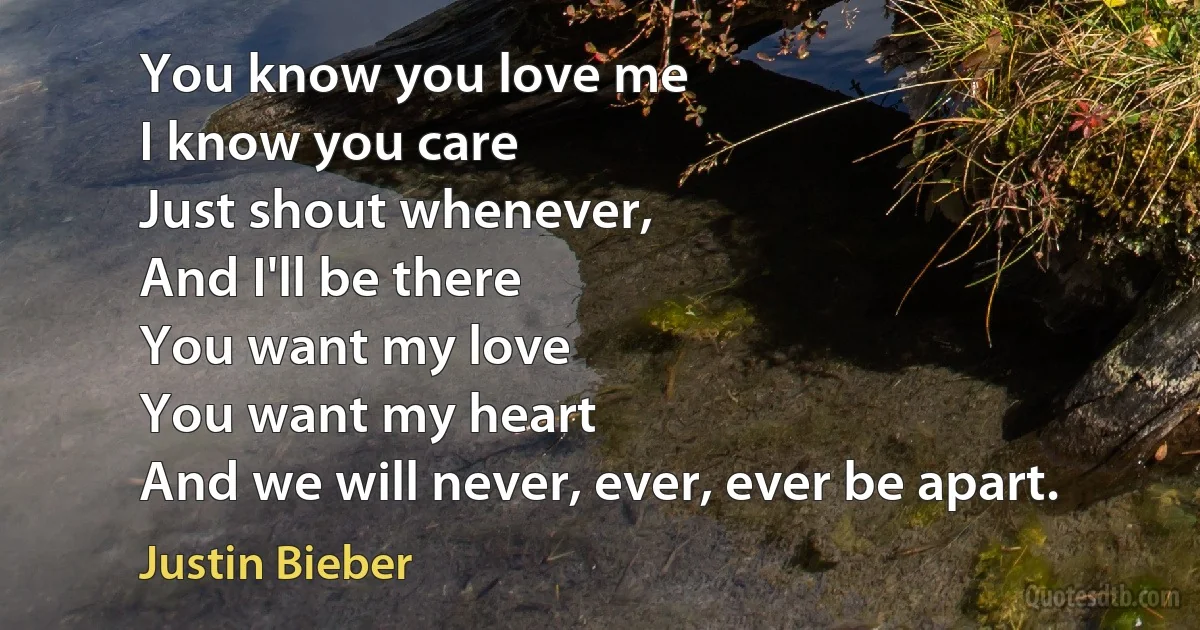 You know you love me
I know you care
Just shout whenever,
And I'll be there
You want my love
You want my heart
And we will never, ever, ever be apart. (Justin Bieber)