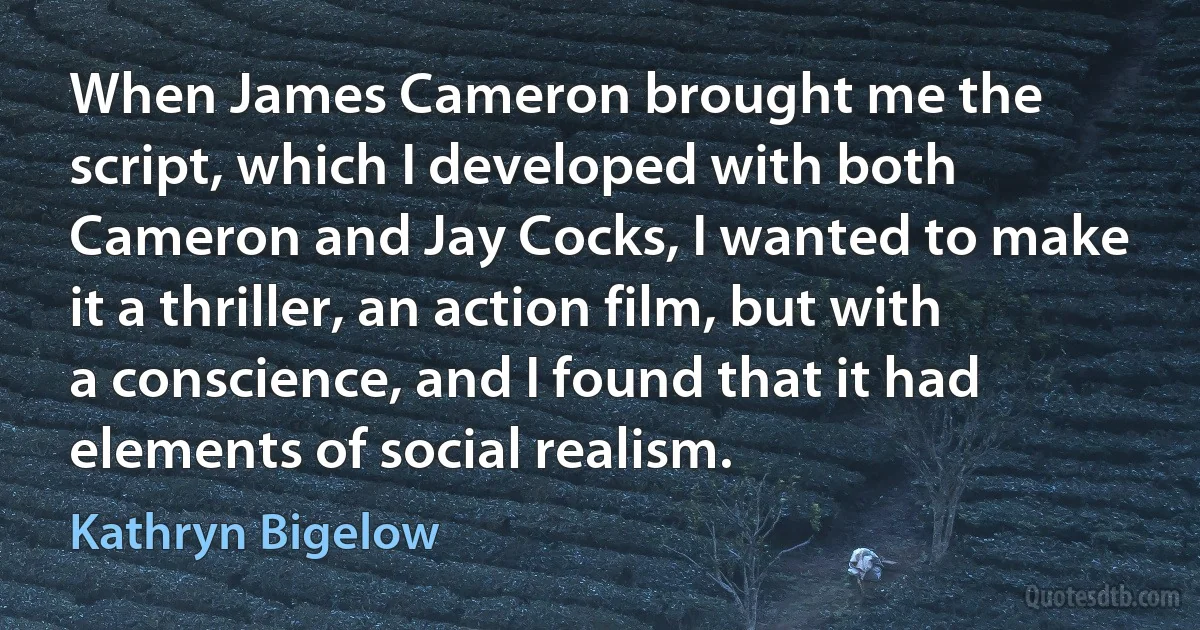 When James Cameron brought me the script, which I developed with both Cameron and Jay Cocks, I wanted to make it a thriller, an action film, but with a conscience, and I found that it had elements of social realism. (Kathryn Bigelow)