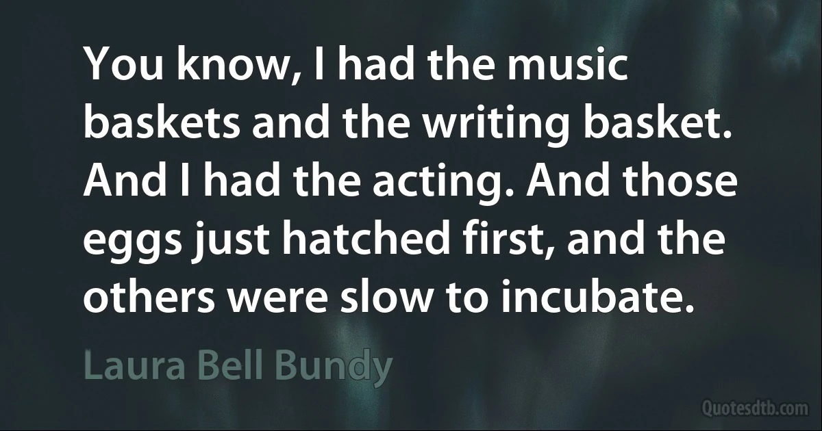 You know, I had the music baskets and the writing basket. And I had the acting. And those eggs just hatched first, and the others were slow to incubate. (Laura Bell Bundy)