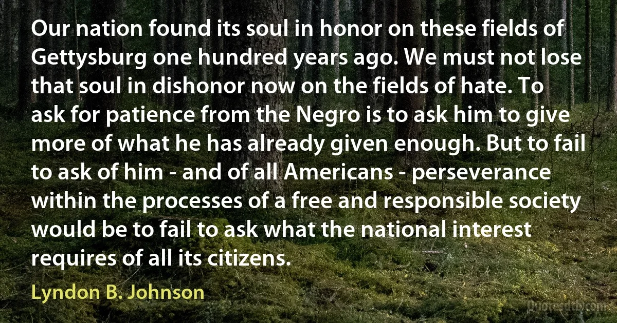 Our nation found its soul in honor on these fields of Gettysburg one hundred years ago. We must not lose that soul in dishonor now on the fields of hate. To ask for patience from the Negro is to ask him to give more of what he has already given enough. But to fail to ask of him - and of all Americans - perseverance within the processes of a free and responsible society would be to fail to ask what the national interest requires of all its citizens. (Lyndon B. Johnson)