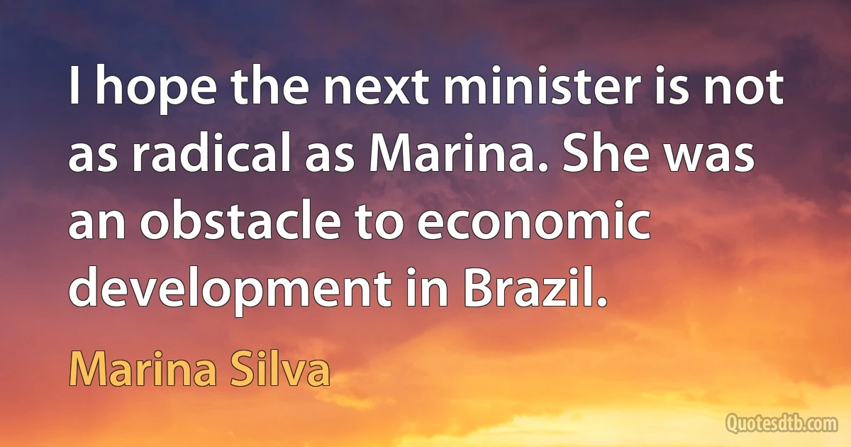 I hope the next minister is not as radical as Marina. She was an obstacle to economic development in Brazil. (Marina Silva)