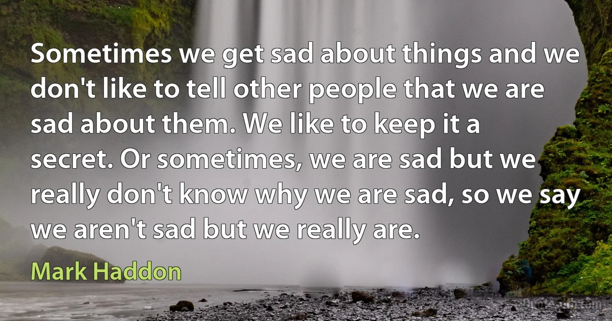 Sometimes we get sad about things and we don't like to tell other people that we are sad about them. We like to keep it a secret. Or sometimes, we are sad but we really don't know why we are sad, so we say we aren't sad but we really are. (Mark Haddon)