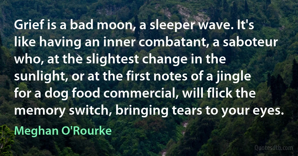 Grief is a bad moon, a sleeper wave. It's like having an inner combatant, a saboteur who, at the slightest change in the sunlight, or at the first notes of a jingle for a dog food commercial, will flick the memory switch, bringing tears to your eyes. (Meghan O'Rourke)