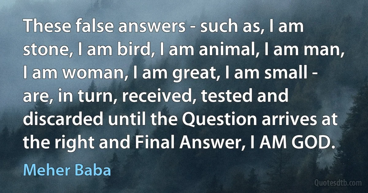 These false answers - such as, I am stone, I am bird, I am animal, I am man, I am woman, I am great, I am small - are, in turn, received, tested and discarded until the Question arrives at the right and Final Answer, I AM GOD. (Meher Baba)