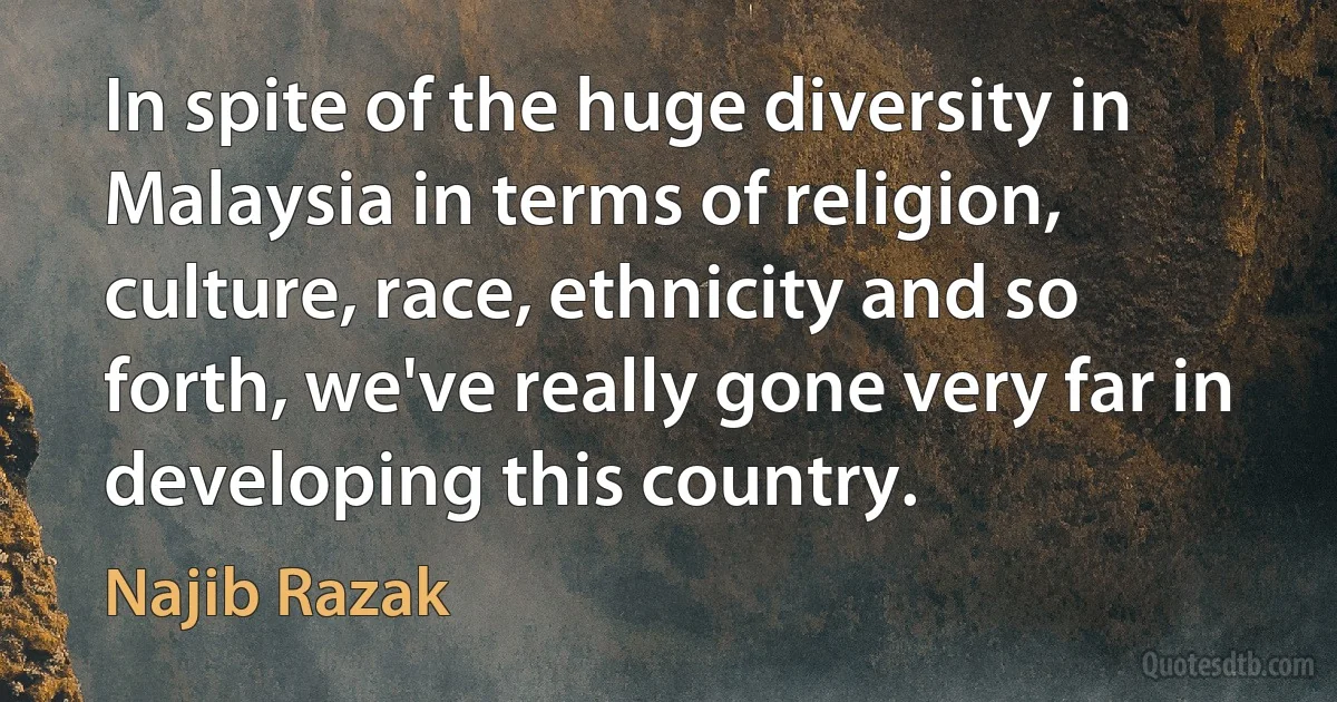 In spite of the huge diversity in Malaysia in terms of religion, culture, race, ethnicity and so forth, we've really gone very far in developing this country. (Najib Razak)