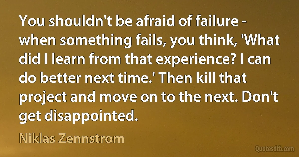 You shouldn't be afraid of failure - when something fails, you think, 'What did I learn from that experience? I can do better next time.' Then kill that project and move on to the next. Don't get disappointed. (Niklas Zennstrom)